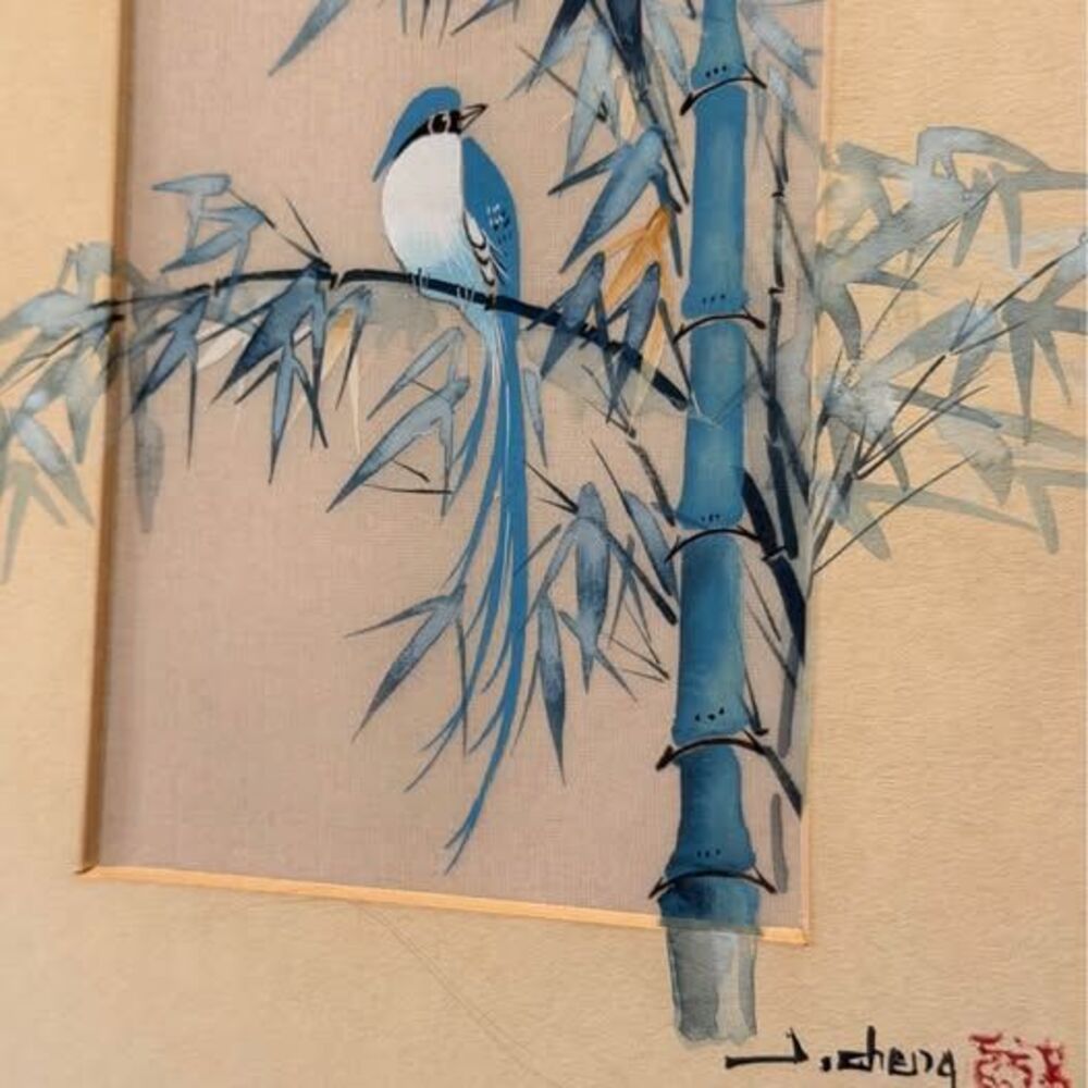 J. Cheng Signed Blue Bird and Bamboo Silk Painting 8 1/2 x 10 1/2